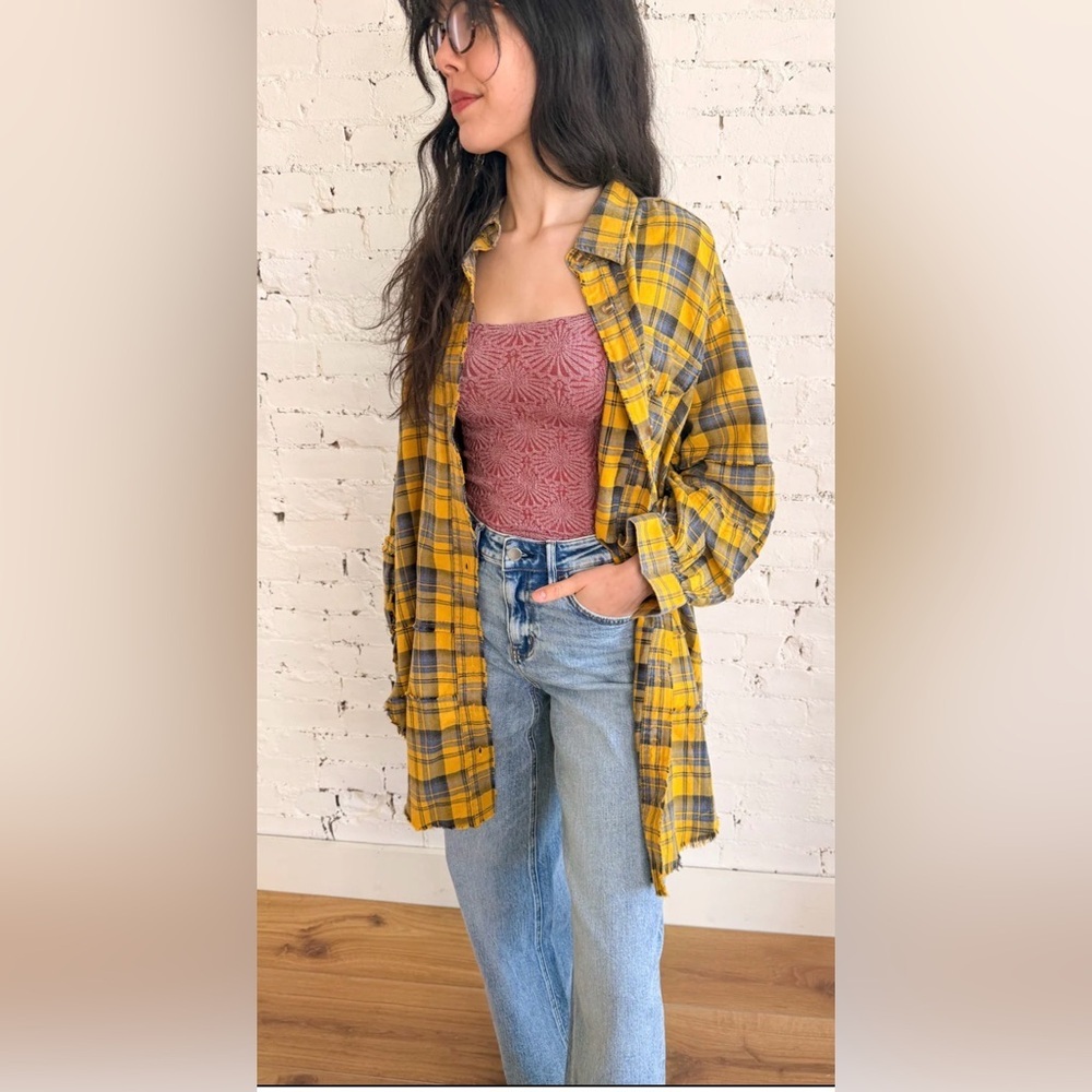 Easel Bad Little Country Girl Tina Plaid Shacket Shirt Dress M Yellowstone/Boho - Picture 3 of 13